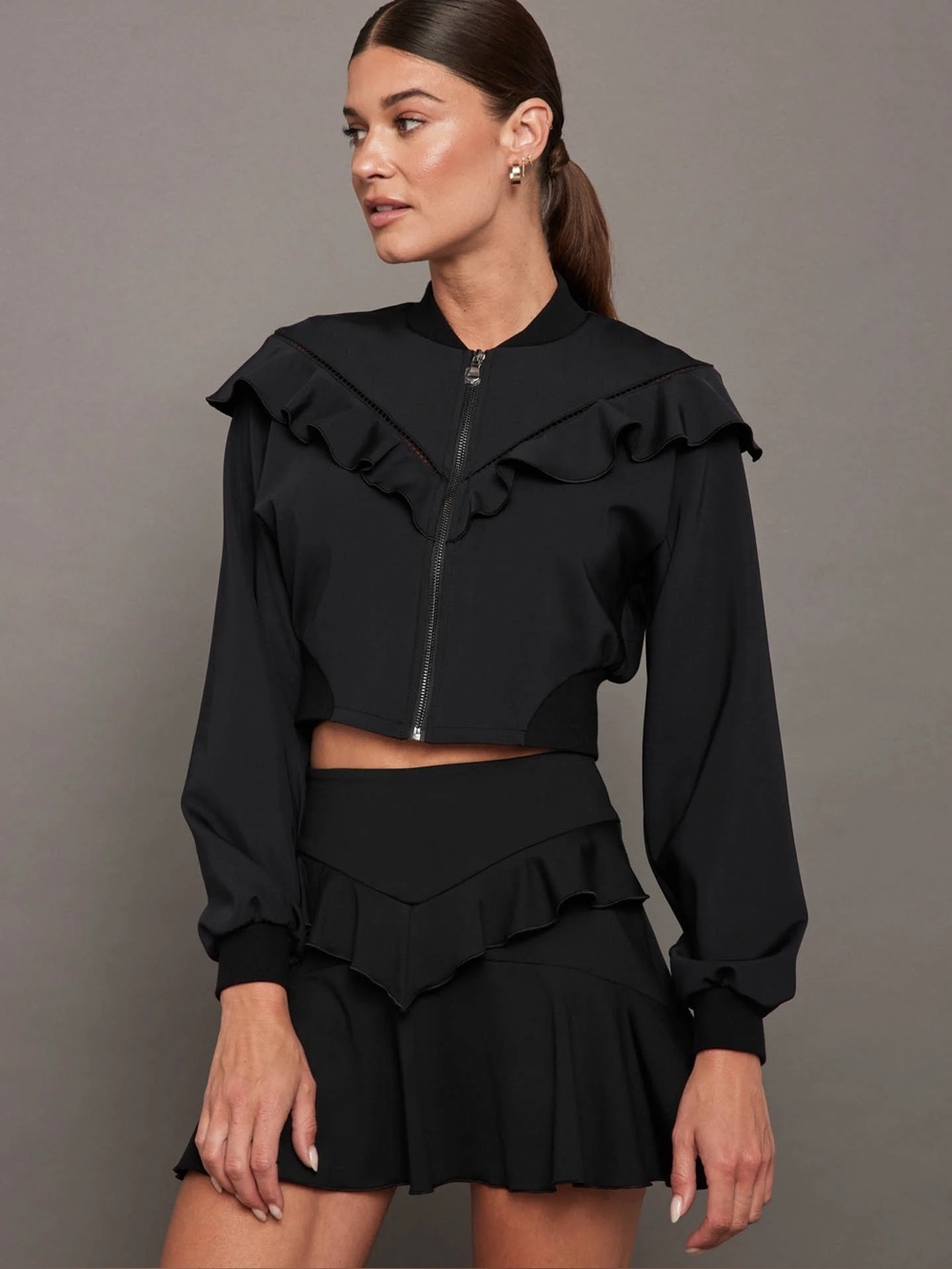 MICHI Calipso Black Ruffle Crop Bomber Jacket Size Small